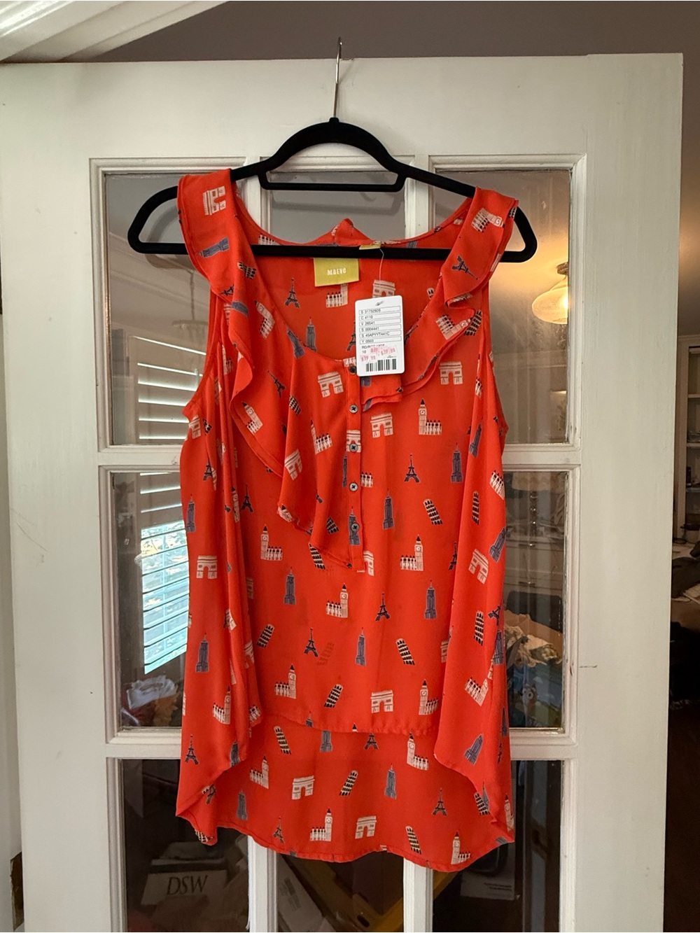 Mauve Orange Geo-Print Ruffle Sleeveless Blouse